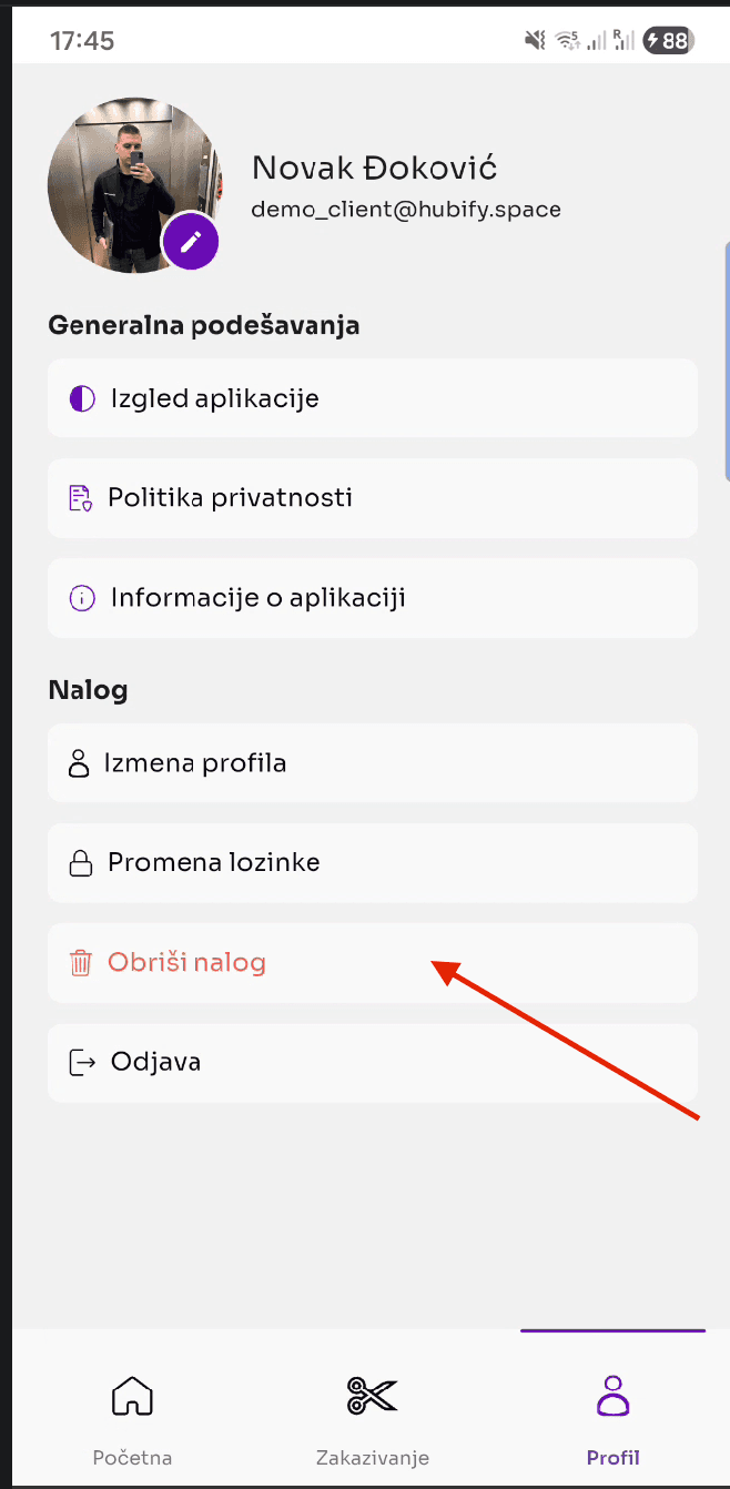 Snimak ekrana koji prikazuje kako obrisati BarberHub nalog